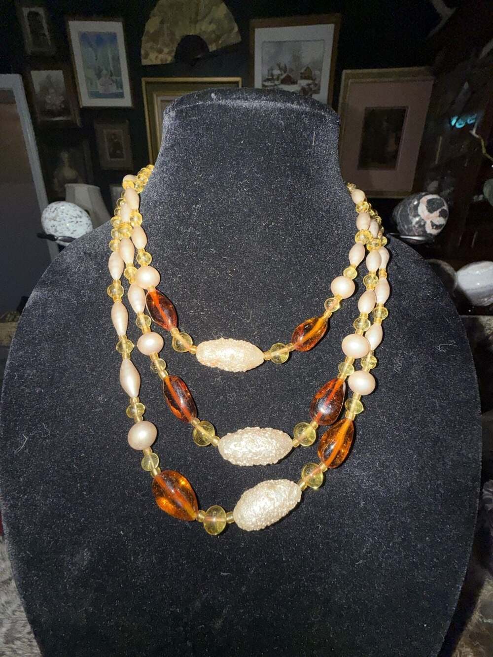 Vintage Amber Lucite Bead Necklace with Gold Accents, 1900s